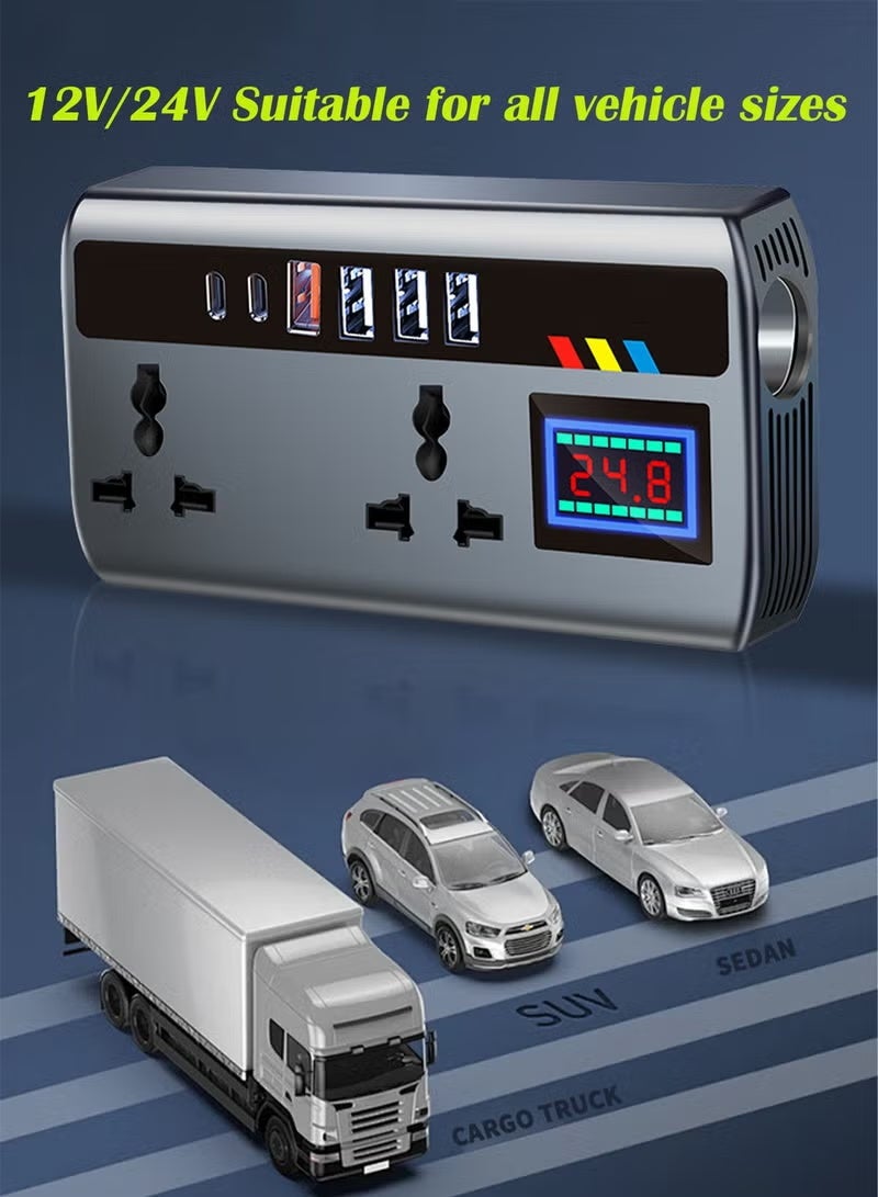 محول طاقة للسيارة بقدرة 200 واط، محول مقبس كهربائي للسيارة، من تيار مستمر 12/24 فولت إلى تيار متردد 220 فولت، محول قابس سيارة مزود بـ 3 منافذ USB ومنفذين من النوع C، مفتاح مدمج وشاشة عرض تيار LCD، متوافق مع السيارات والشاحنات - Image 4